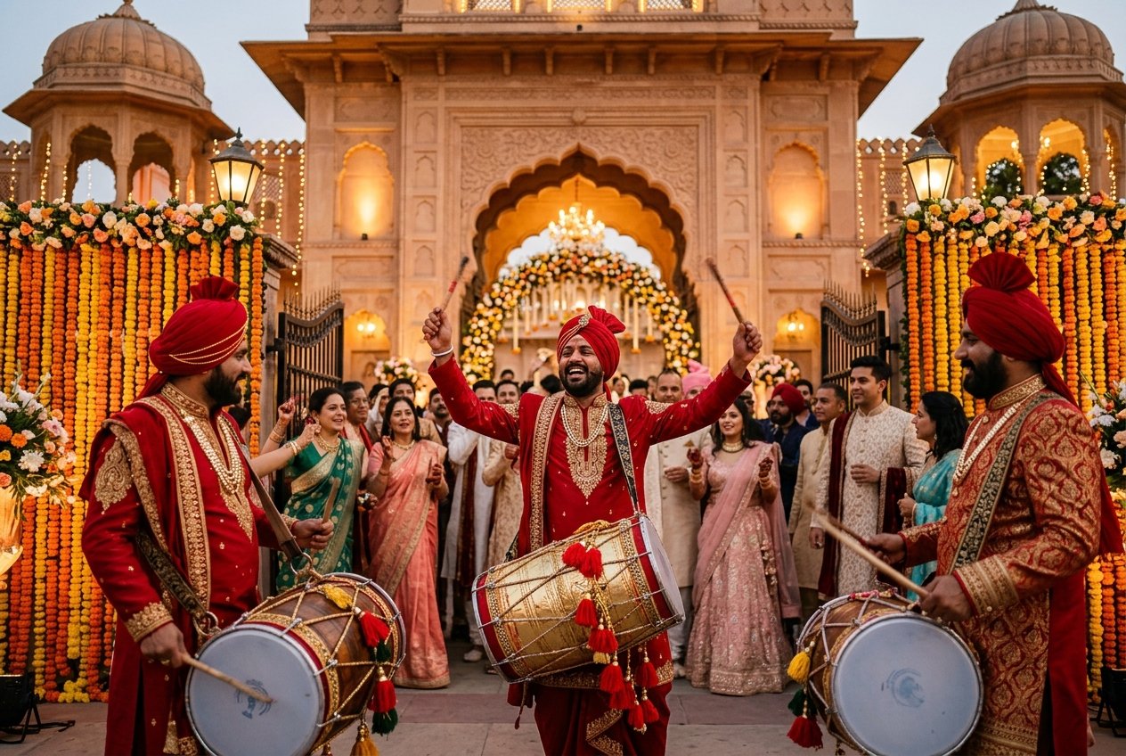 Dhol team at royal wedding entrance